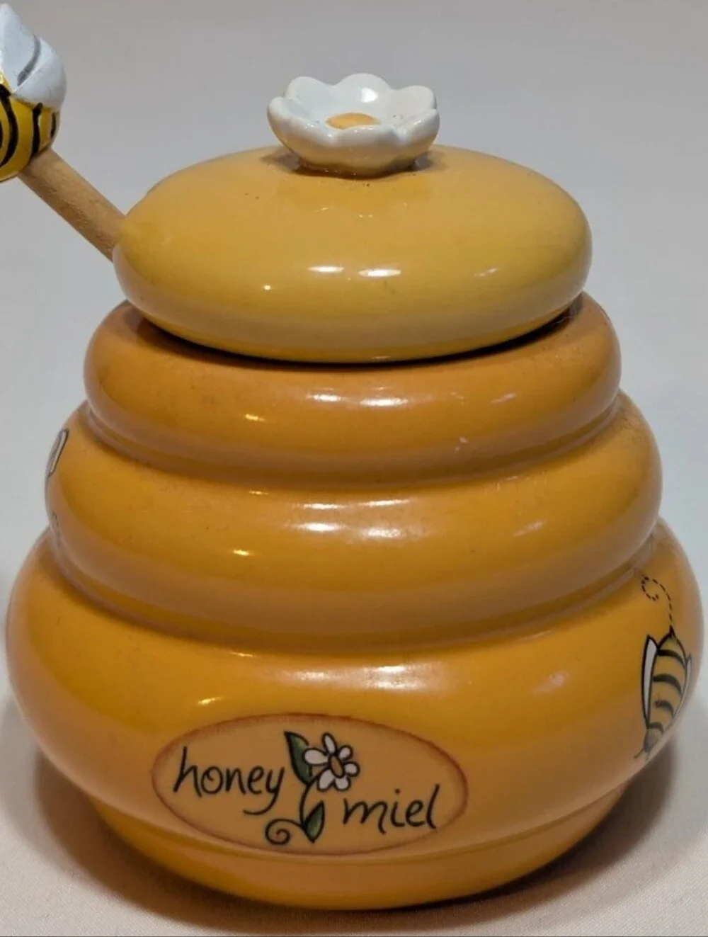 Honey Miel Lidded Beehive Pot Jar w/Bumble Bee Honey Dipper Cottagcore Farmhouse